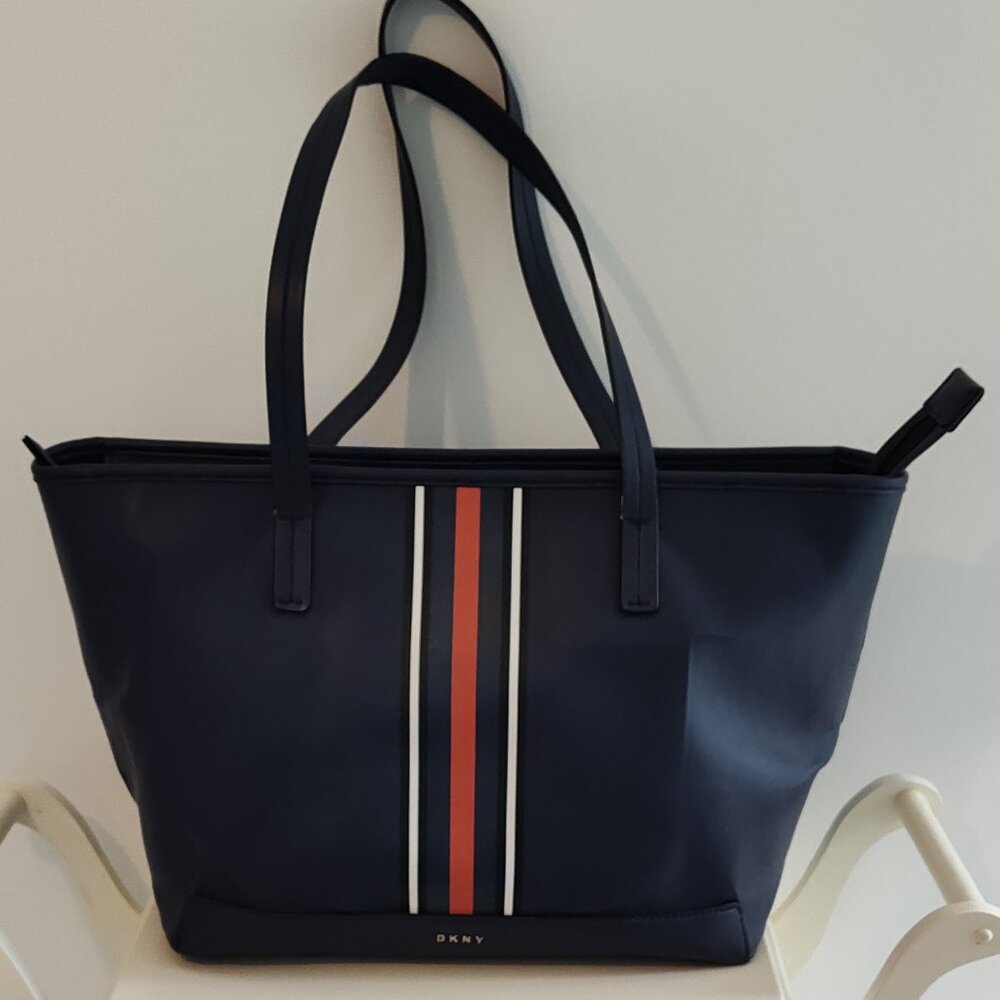 DKNY Tylor navy blue striped tote, VG condition